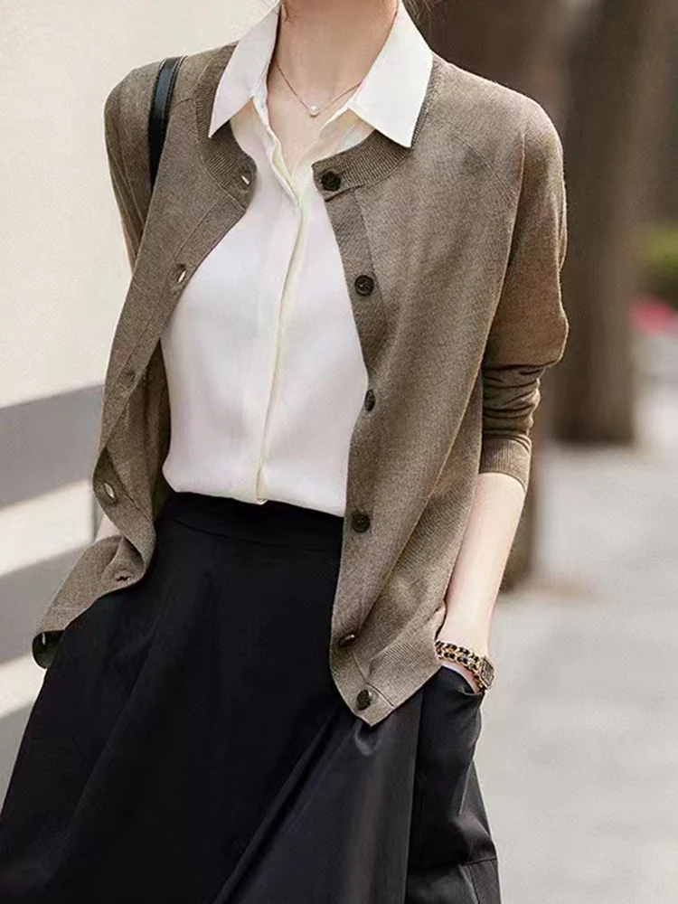 

Wool Knitted Cardigan For Women's Sweater 2024 Spring/Autumn New Round Neck Long Sleeve Loose Simple Commuter Thin Coat Tops