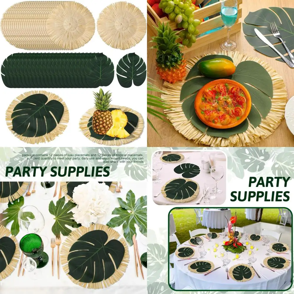 

Tropical Luau Fringe Placemats, Round Palm Leaf Bulk Summer Hawaiian Table Mats for Party Decor
