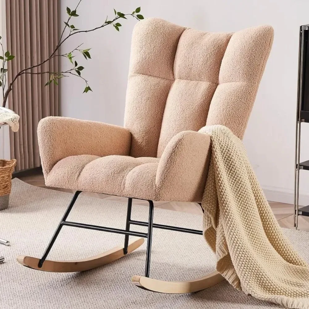 Modern Nursery Rocking Chair, Upholstered Glider Chair with High Backrest, Rocker Accent Armchair with Solid Wood Legs