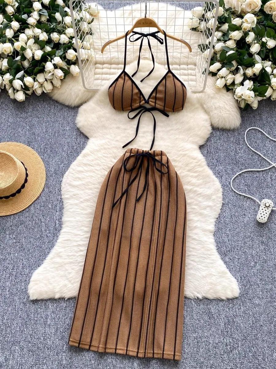 

Foamlina Hot Girl Vacation Beach Set Women Summer Sexy Halter Stripe Bustier Bra + High Waist Bodycon Half Skirt 2 Piece Set