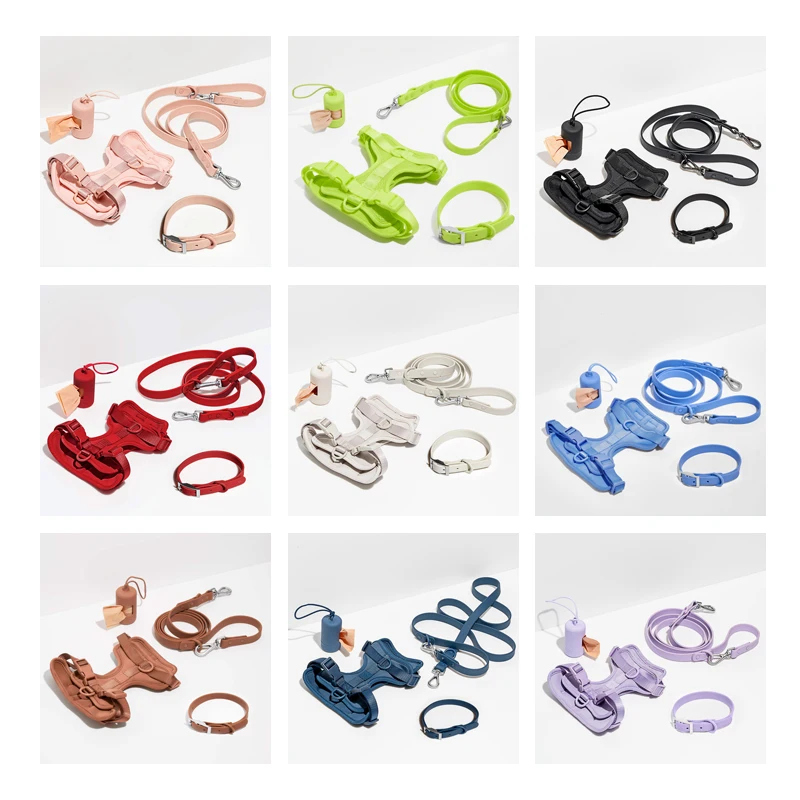 Waterproof PVC Multiuse Big Long Rope Show Running Lead Pet Dog Poop Bag Holder PVC Harness Leash Collar Set