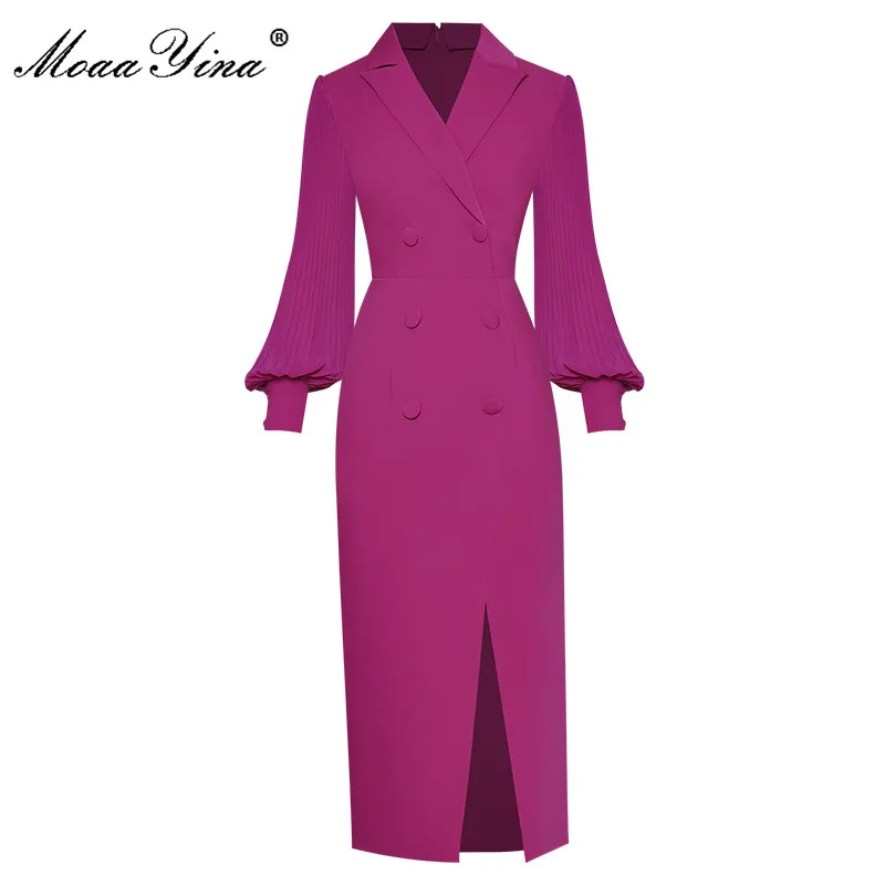 MoaaYina Fashion Designer Spring Dress Women Turn-down Collar Pleated Lantern Sleeve Slim Purple Lady Pencil Dresses