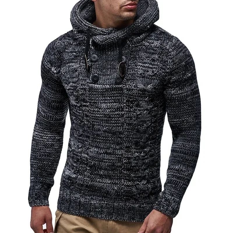 2023 European and American Men's Knitted Outerwear Autumn and Winter Oversized High Neck Hooded Sweater