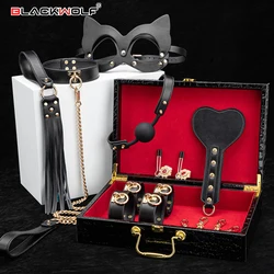 Erotic Bed Bondage Kits Slave Restraint Bondage Set PU leather Handcuffs Collar Gag Whip Adult Sex Toys For Women Couples