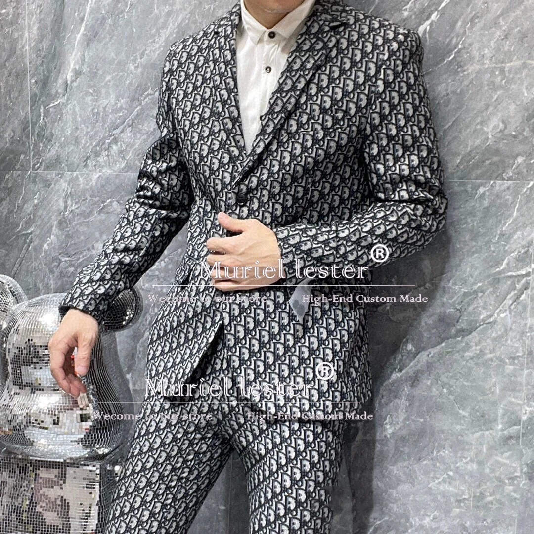 

Elegant Business Suits Print Jacquard Jacket Pants 2 Pieces Man Chic Daily Wear Evening Dinner Party Wedding Tuxedo ropa hombre