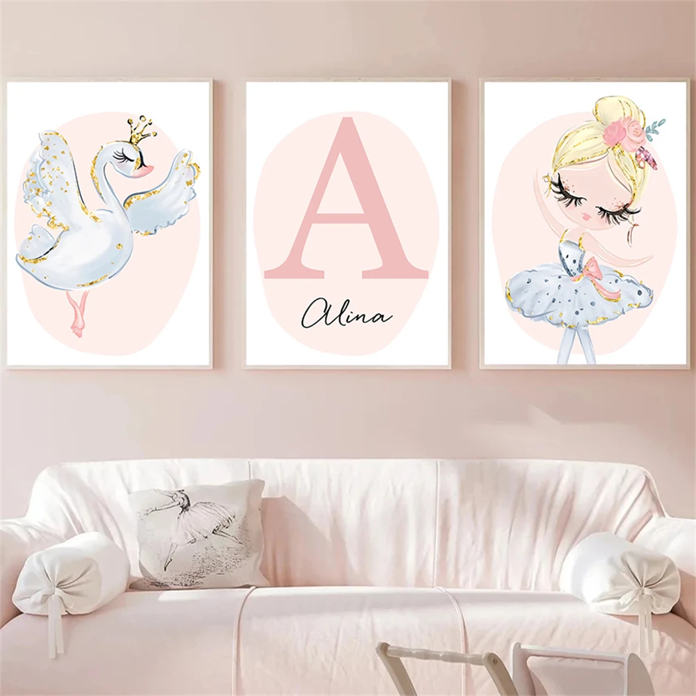 Pink Ballet Girl Swan Posters Canvas Painting Custom Name Wall Art Print Nursery Poster Nordic Wall Pictures Baby Room Decor