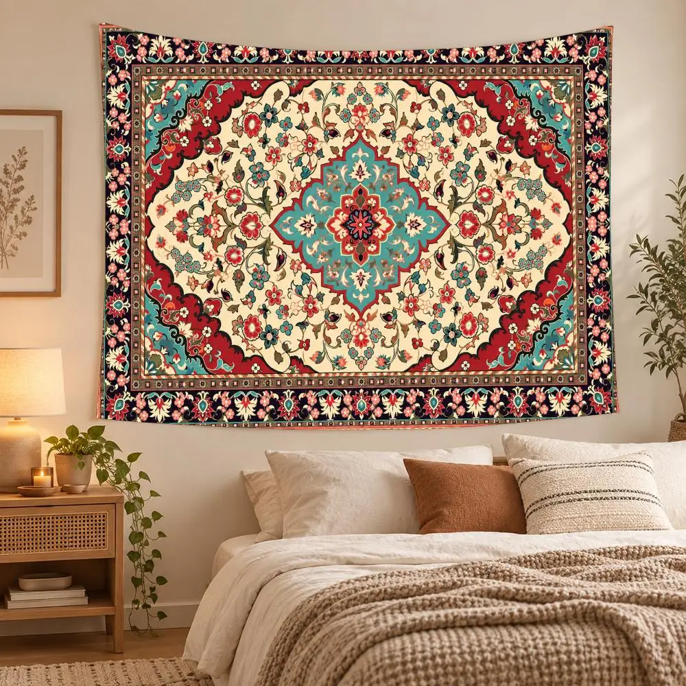 Ornate Persian Floral Medallions Tapestry Custom Living Bedroom Party Dormitory Interior Wall Bohemian Decoration Attached Clip