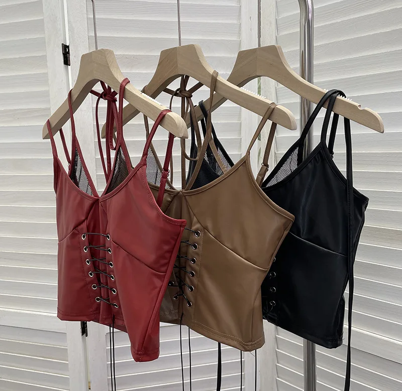 النساء خمر دراجة نارية الشرير بولي Leather الجلود الربط شبكة صيد السمك السباغيتي الحمالات أعلى فتاة باردة حبل سليم قصير الرسن أعلى 8106 #6