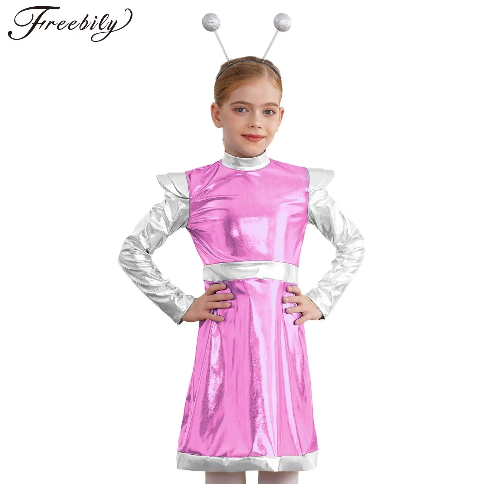 Kids Girls Alien Cosplay Costume Robot Outer Space Halloween Outfits Cap Long Sleeve A-line Leotard Tutu Dress for Performance