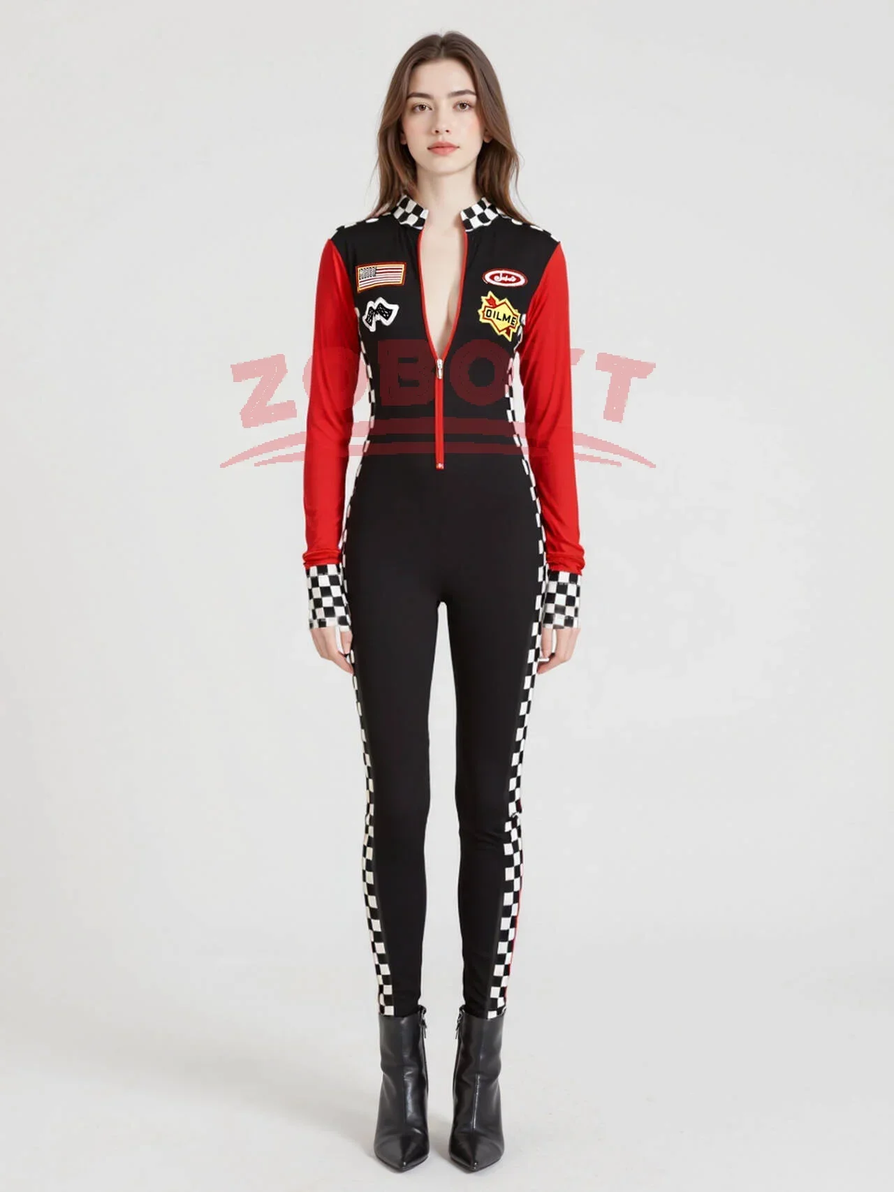 Disfraces de Carreras para Mujer, Mono Rojo y Negro con Mangas Largas y Guantes, Disfraz de Animadora, Uniforme de Piloto para Adultos