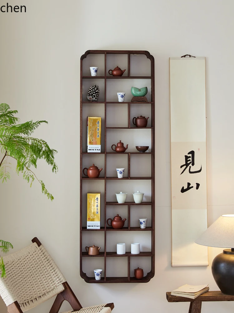 

HYS black walnut solid wood tea set storage rack wall hanging Jianzhan Bogu
