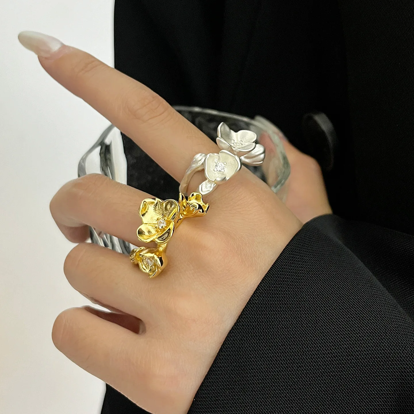 

unique open ring for women metal gold silver color flower floral ring female