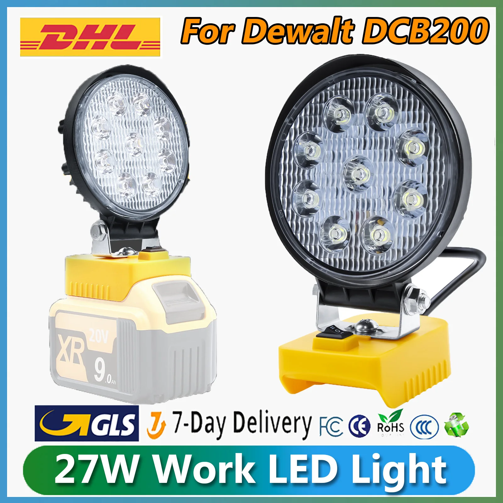 For Dewalt DCB200 18V Battery 27W Work LED Light 6500K for Dewalt DCB200 DCB609 3.0Ah 4.0Ah 6.0Ah 9.0Ah Tool Battery Accessories