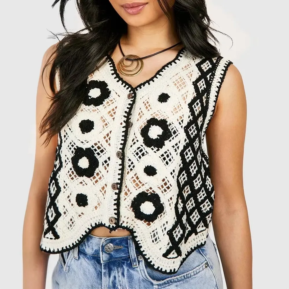 

Вязаный крючком жилет для женщин, вязаный свитер без рукавов на пуговицах с цветочной вышивкой, жилет для девочек-подростков, летние каникулы, пляжный наряд