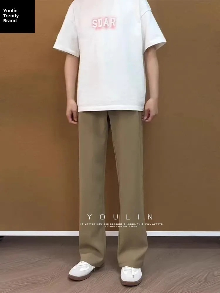 

Брюки мужские летние прямые из ледяного шелка цвета кофе, повседневные, с эффектом драпировки, CleanFit Sle