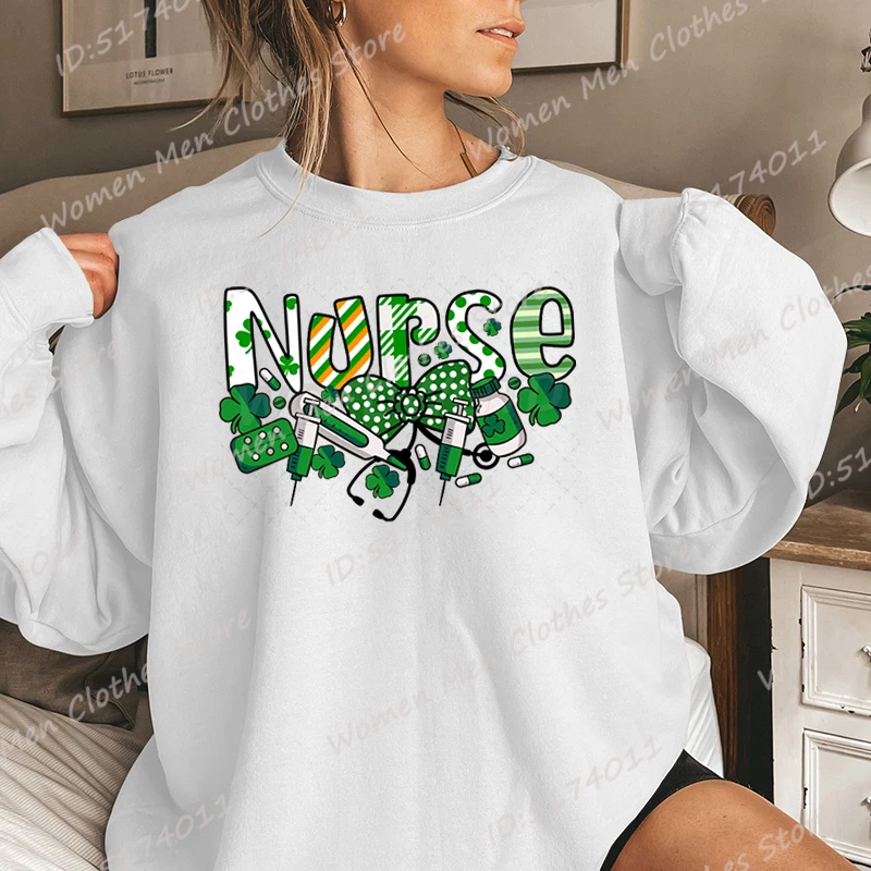 St Patrick's Day Nurse Print Women Pullover Autumn And Winter Casual Ladies Long Sleeve Sweatshirt Plus Size Hoodless Sweatshirt