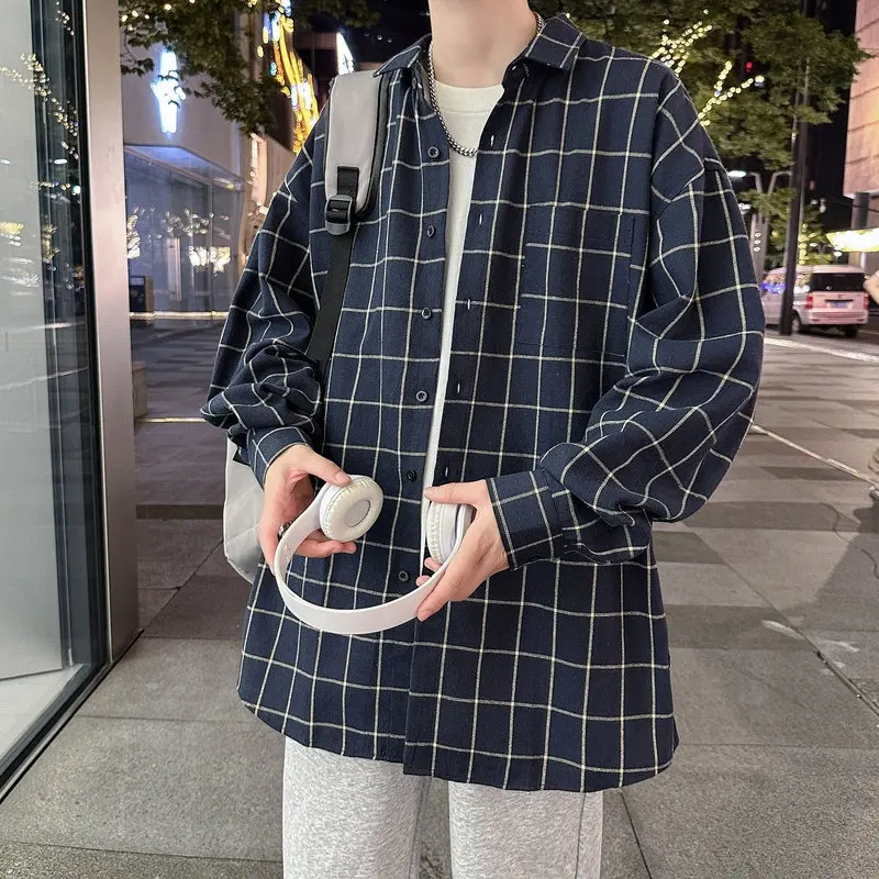 

Hot Sale Classical Korean Style Plaid Shirts Thin Coats For Man Spring Lapel Loose All-Match Casual Campus Youth Male Jackets