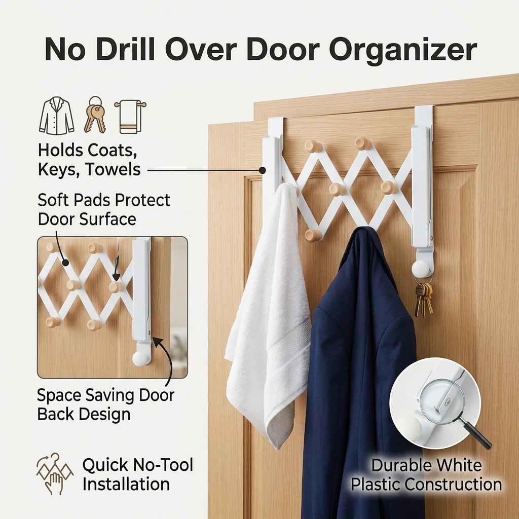 Sturdy Over Door Hooks Organizer Rack Space Saving for Bedroom Dorm Office No Drilling Plastic Coat Hanger Durable White view 2