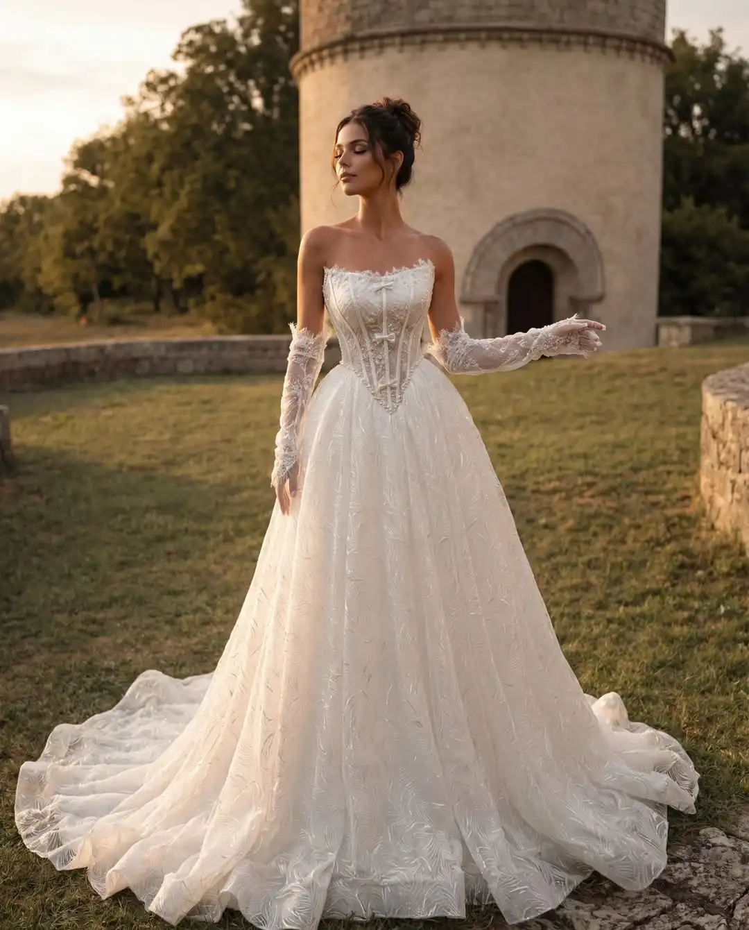 

Романтичное свадебное платье в стиле бохо с корсетом, без бретелек, кружевное, А-силуэт, с мягкой тюлевой юбкой и съемными рукавами