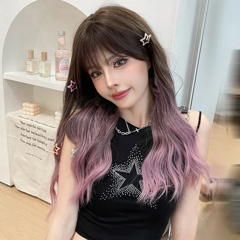 NAMM Long Wavy Purple Gradient Women Wig for Women Daily Party Long Wavy Wigs Synthetic Wigs with Fluffy Bangs Heat Resistant