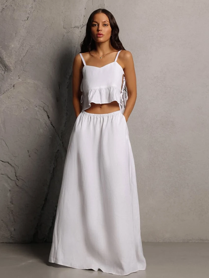 Marthaqiqi Cotton Women Sleepwear Set Spaghetti Strap Pajamas Lace Up Nightie Tank Tops Nightgown Long Skirt Summer Home Clothes