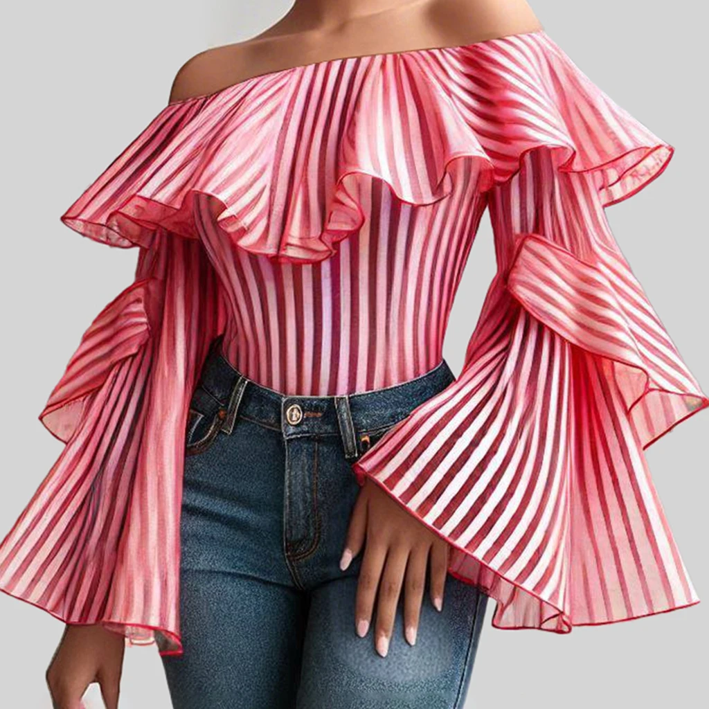 

Women Blouses Casual Striped Off Shoulder Ruffled Flare Sleeve Blouse Lady 2025 New Spring Fall Simple High Street Female Tops