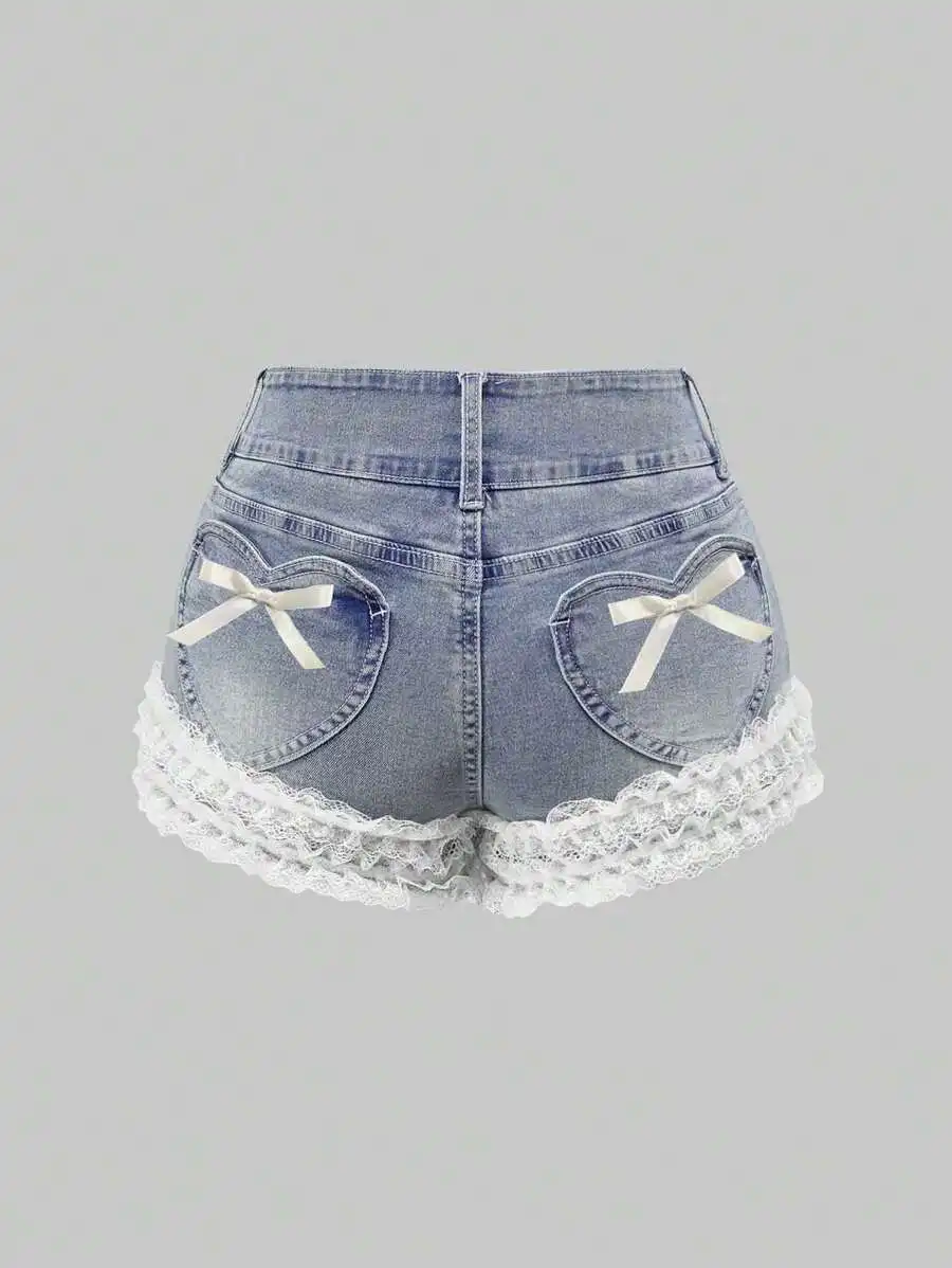 

Denim Shorts With Heart Pockets Bow Decor And Lace Trim