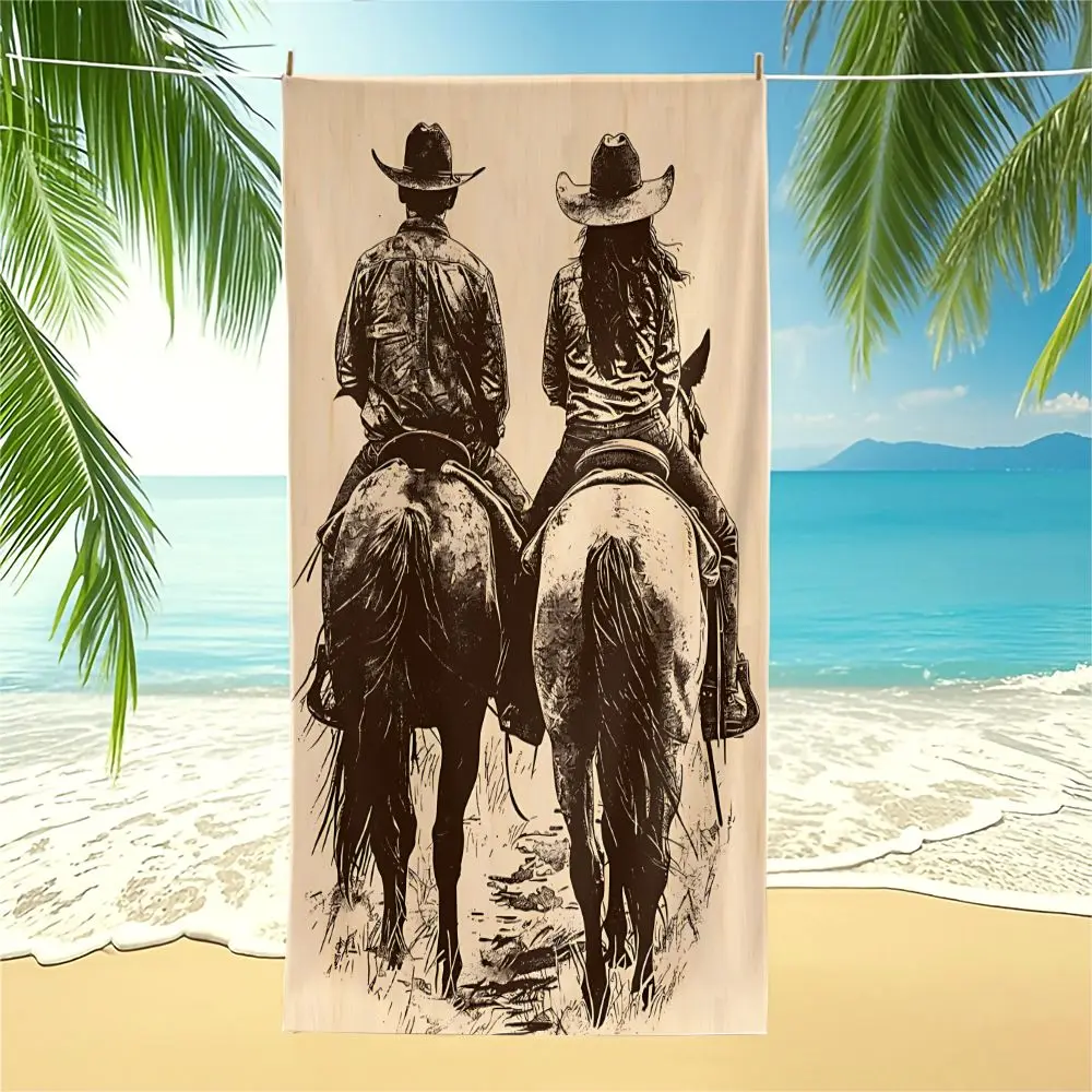 Western Cowboy Couple Print Beach Towel Bath Towel Quick Dry Sand Free Microfiber Towel for Swimming Pool Travel Camping Yoga