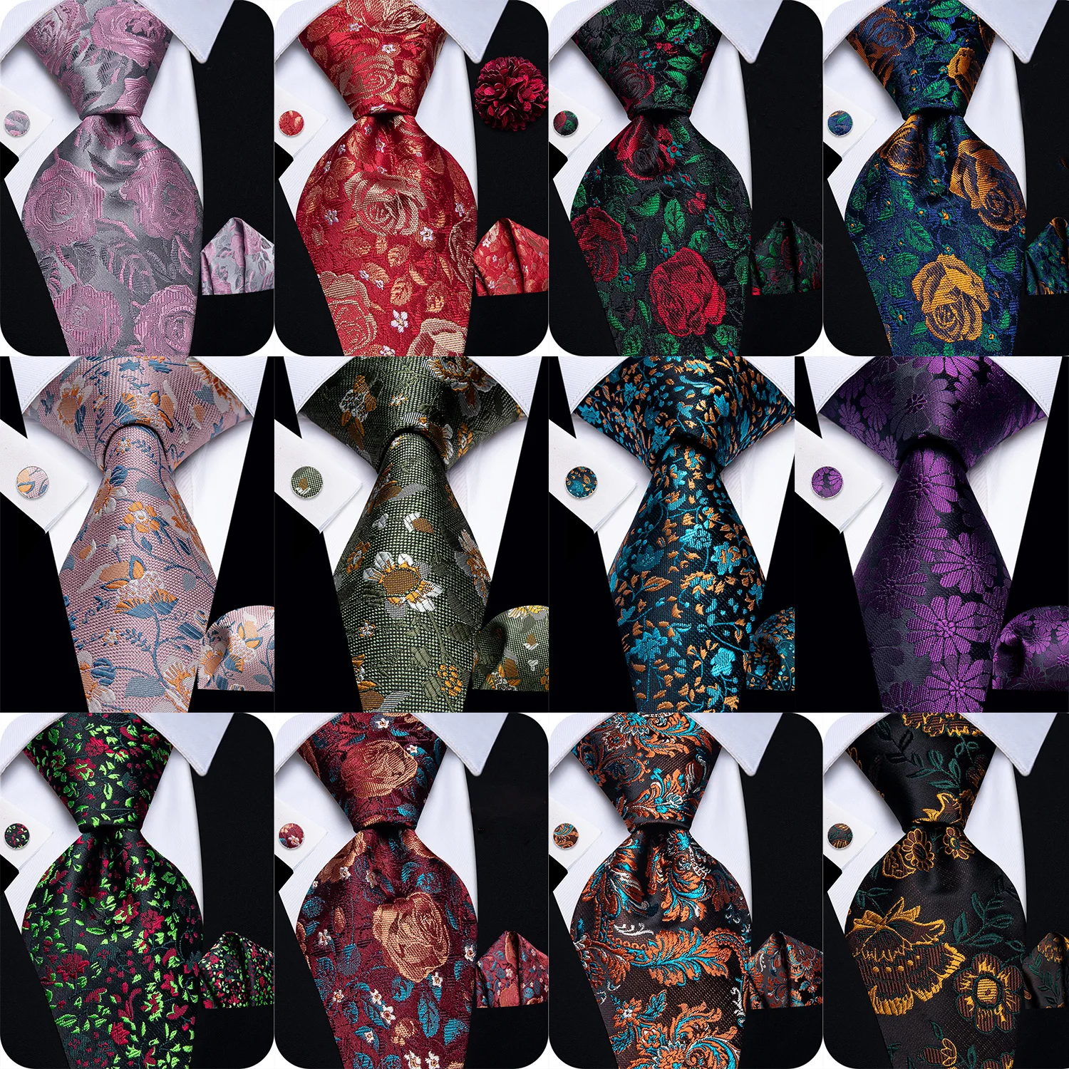 Rose Floral Pattern Mens Tie 4PCS Set with Necktie Pocket Square Cufflinks Boutonniere Wedding Party