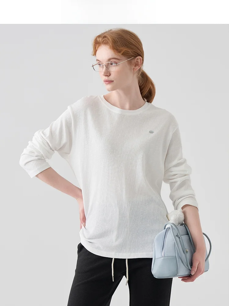 

Casual round Ne Long Sve Basic Sle Women's T-irt Loose Fit Cotton Spring Summer White Top Versatile Boting irt