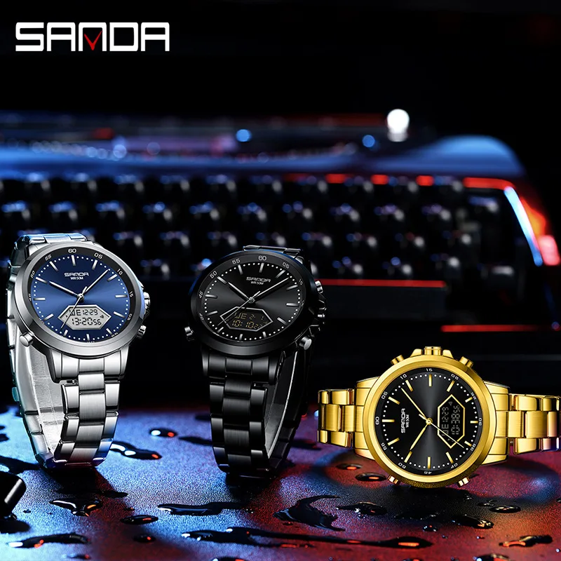 Fashion Sanda Top Brand Trendy Hot Sale New Model Led Digital Analog Display 50m Waterproof Shockproof Business Men Wrist Watch