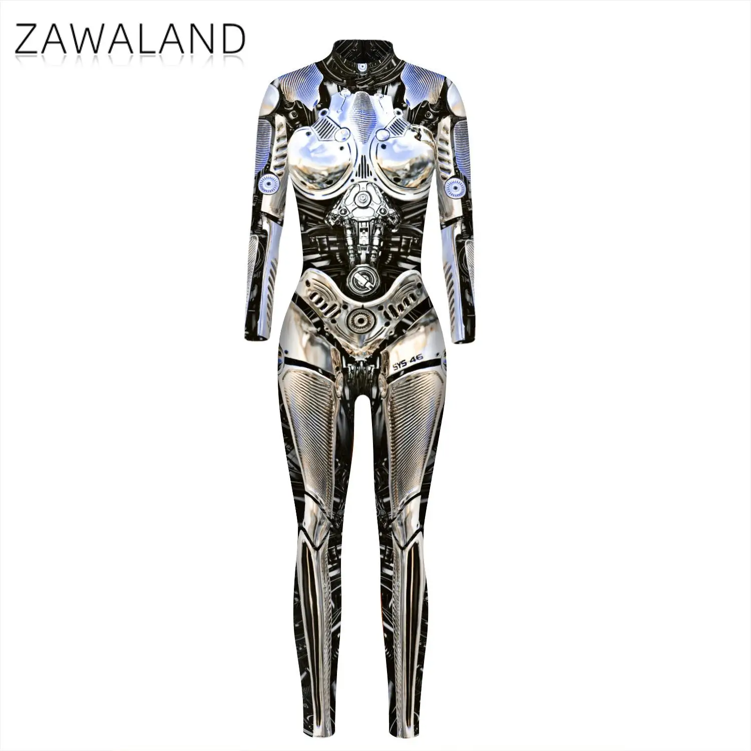 Zawaland หุ่นยนต์ Punk Jumpsuit Catsuit เซ็กซี่ผู้ใหญ่3D การพิมพ์ดิจิตอลชุดคอสเพลย์ Zentai ปาร์ตี้ฮาโลวีน Spandex Bodysuit