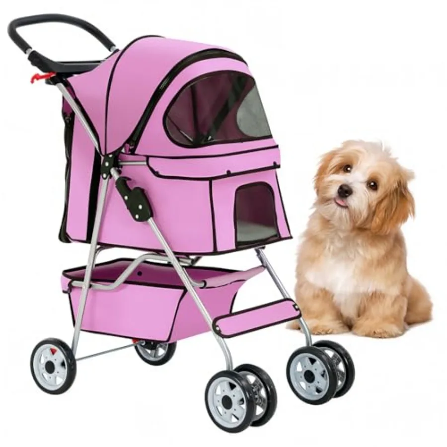 BestOffice Pet Stroller for Small Medium Dogs Cats, 4-Wheel Foldable Dog Stroller with Cup Holder, Lightweight Travel Carrier,