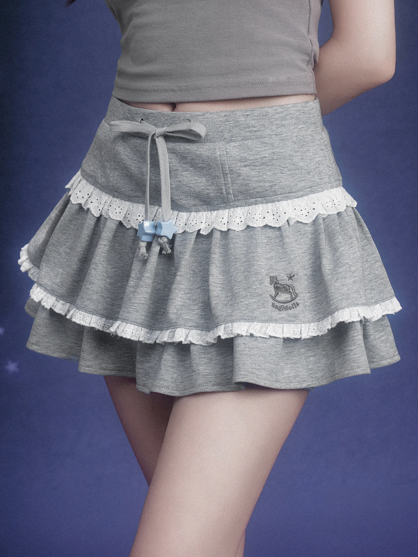 

SagiDolls Grey Embroidered High Waist Skirt Pants Cute Sweet Year Design Cotton Elastic mid Waist Cake Skirt for Girls