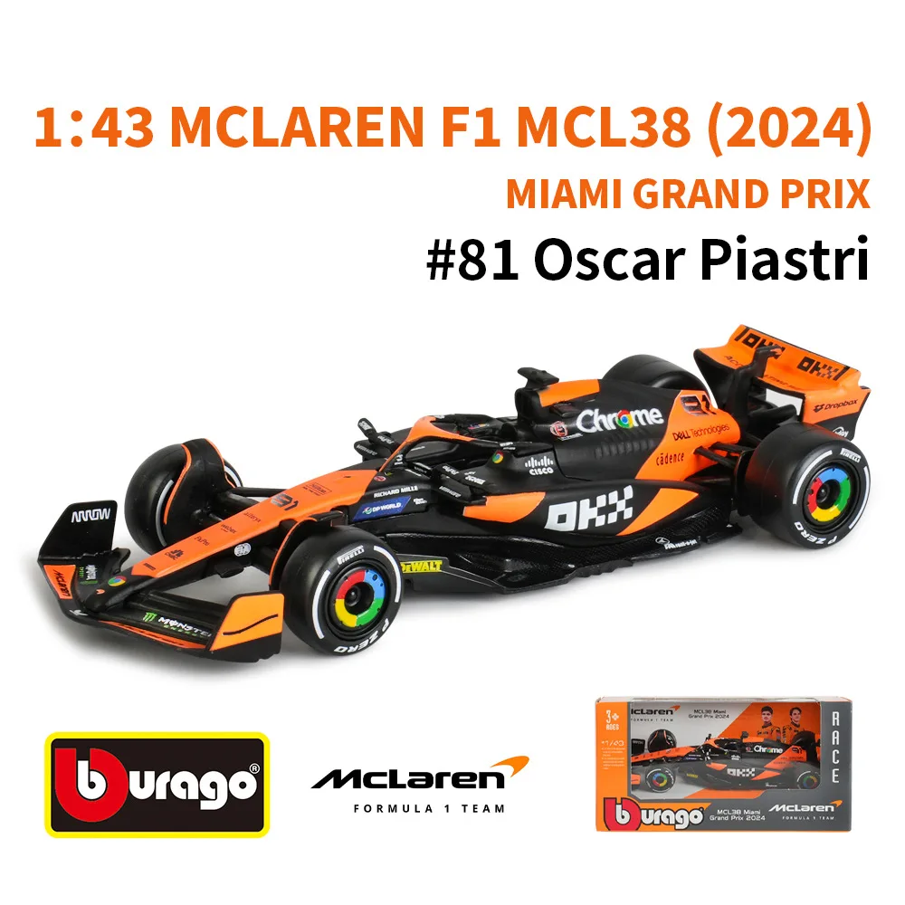 Bburago 1:43 MCL38 F1 Mclaren 2024 Miami Grand Prix voiture en alliage Miniature modèle moulé sous pression # 4 Lando Norris # 81 Jouet Oscar Piastri