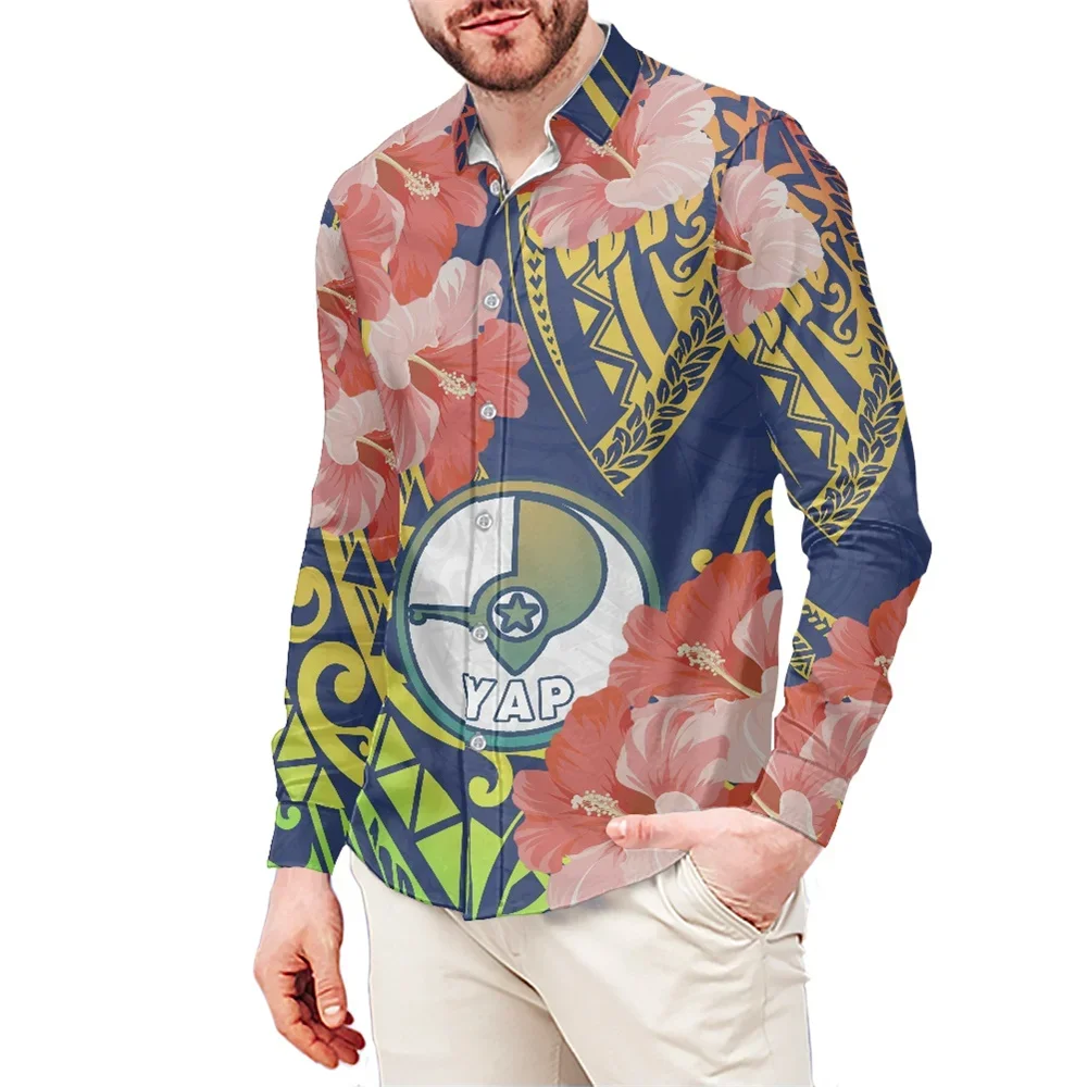 Print On Demand Men Shirt Polynesian Tribal Samoa Yap Island Floral Print Special Summer Blouses Long Sleeve Buttons Beach Shirt