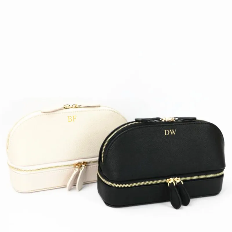 Custom Pinky Tan Black Nude White Monogram Gold Initials Logo Leather Shell Style Jewelry Travel Bag Protable Cosmetic Bag Case