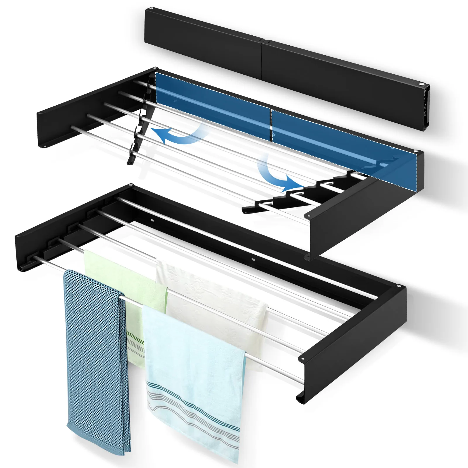 Folding Drying Rack,Clothes Laundry Drying Rack,Collapsible Wall Mounted Hanger 5 Drying Rods