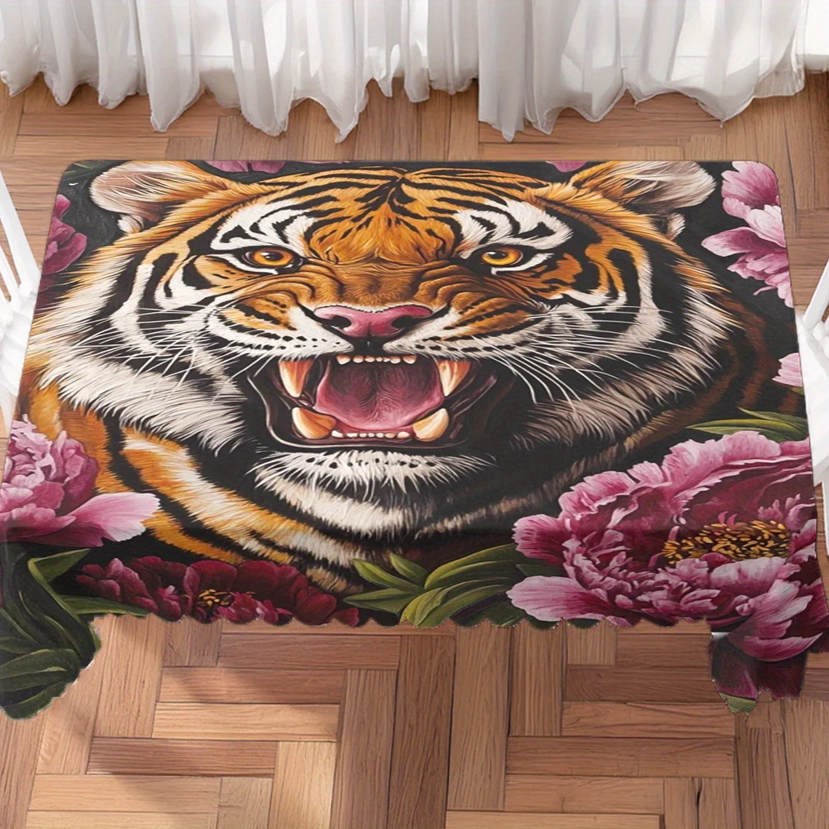 Fierce Roaring Tiger with Pink Peony Flowers Print Waterproof Washable Tablecloth, Rectangular Table Cover Wild Home Party Decor