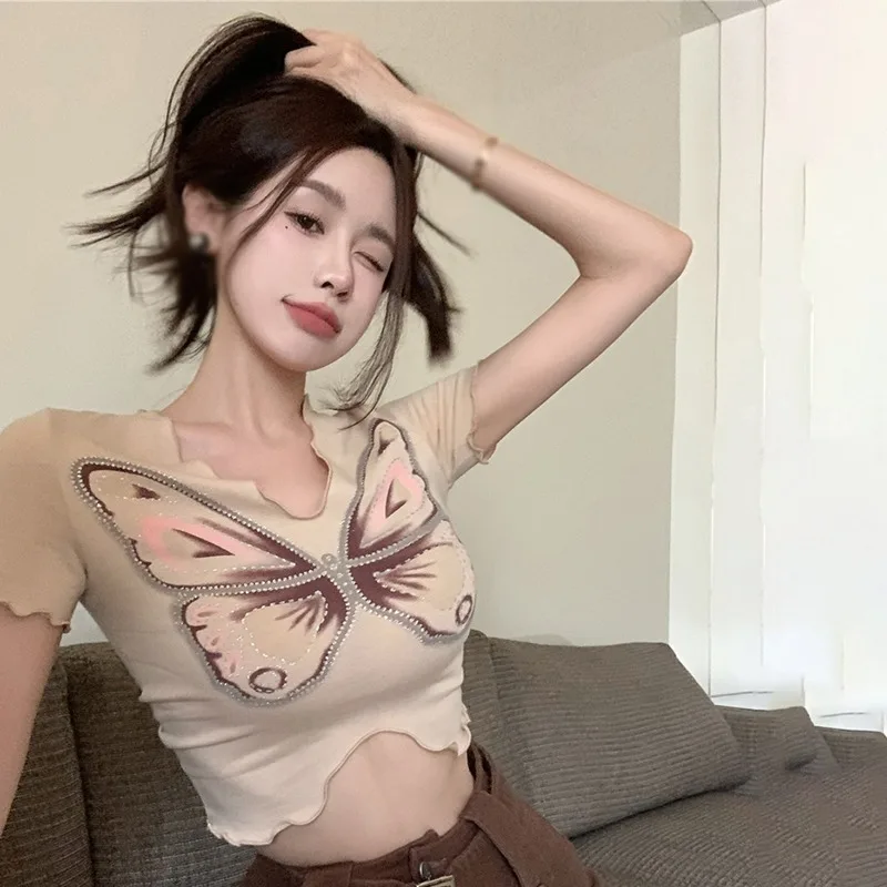 Summer Butterfly T Shirt Women Graphic Tops Skinny Brown Short Sleeve Tees  Clothes Streetwear V Neck Black Crop Top