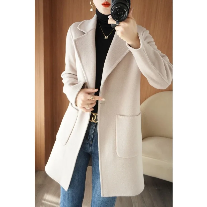 Elegant Women Reversible Cashmere Coat Female Fashion Slim Fit Mid-Length Woolen Outwear One Button Casual Solid Color Outcoat