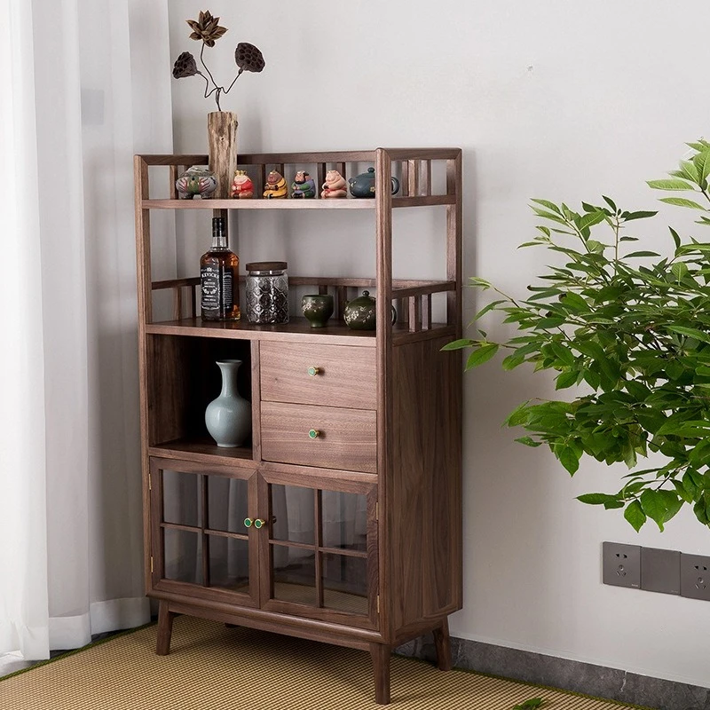 

Black walnut solid wood kitchen rack storage rack multi-functional integrated wall display dust-proof floor storage rack