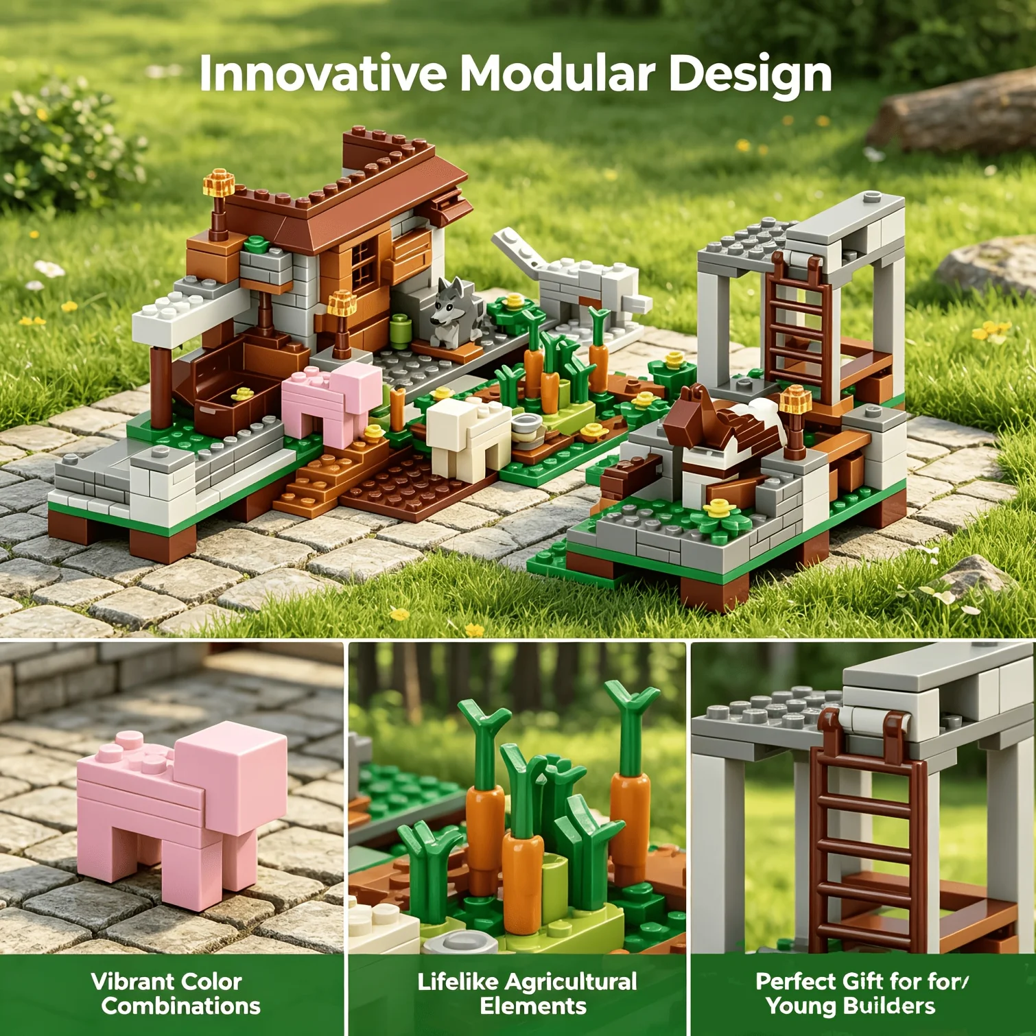 Mini Modular Farm House Building Blocks Set, Medieval Village Cabin Bricks Model, Animal & Farm Crops Assembly Construction Toy,