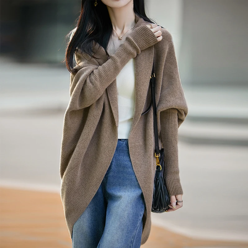 2026 Autumn Winter 100% Wool Knitted Cardigan Shawl Women Batwing V-Neck Shawls Sweater Ladies Loose Cardigans Tops All Match
