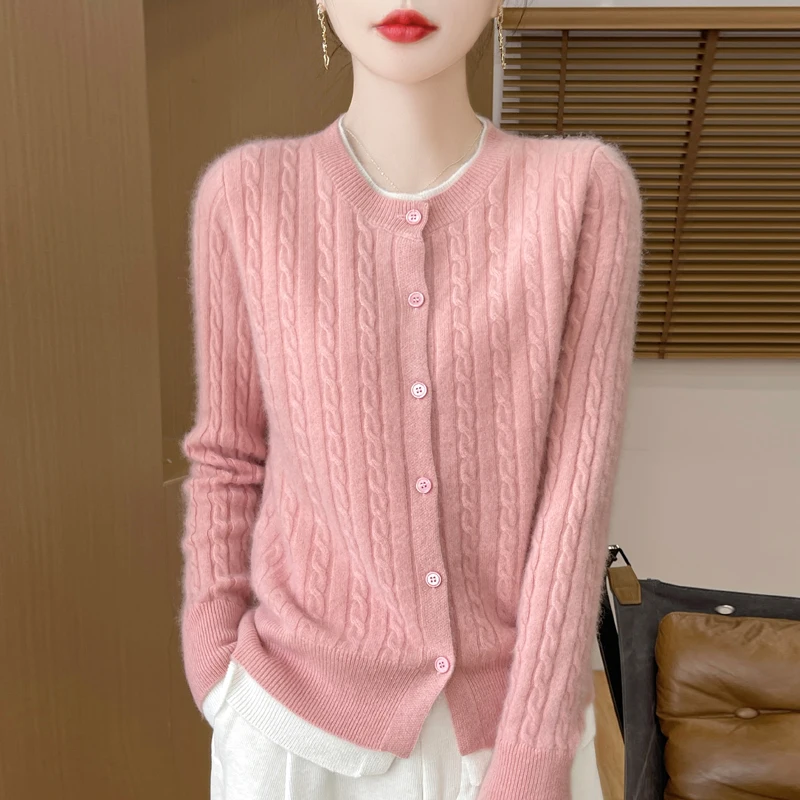 

100% pure wool cardigan autumn and winter new fashion cashmere sweater female O-neck color matching warm bottoming sweater top