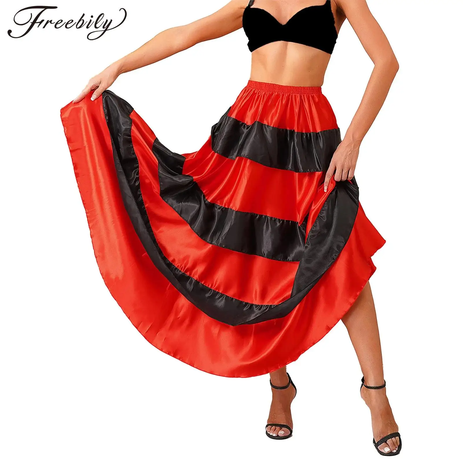 Women Flamenco Dance Skirt Spanish Paso Doble Ballroom Dancing Latin Tango Performance Costume Tiered Ruffle Wide Hemline Skirts