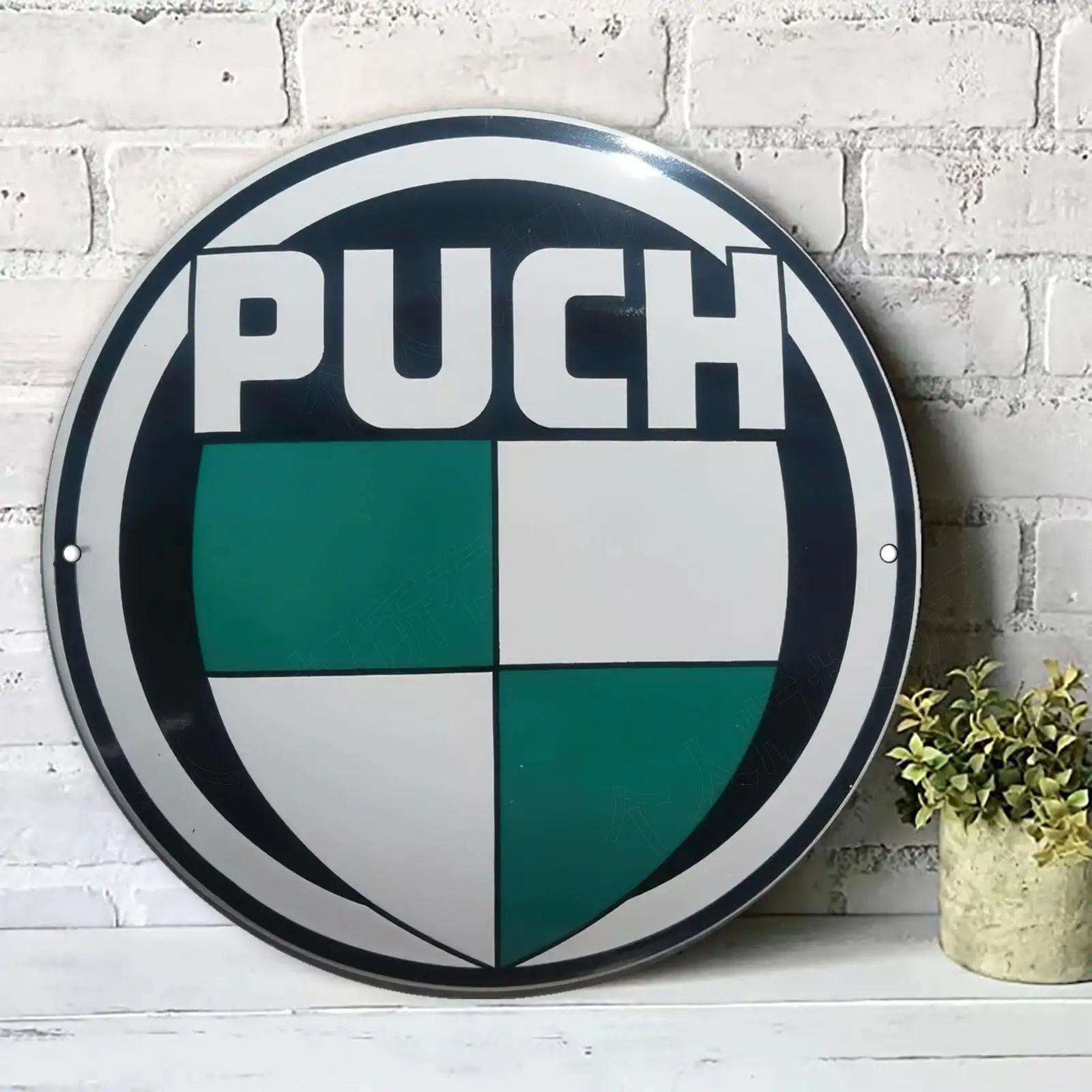 لافتة فنية جدارية معدنية من الألومنيوم مسطحة ثنائية الأبعاد - لوحة شعار دائرية قديمة مع خطوط خضراء وبيضاء، 20 × 20 سم / 7.87 بوصة، Wa #2