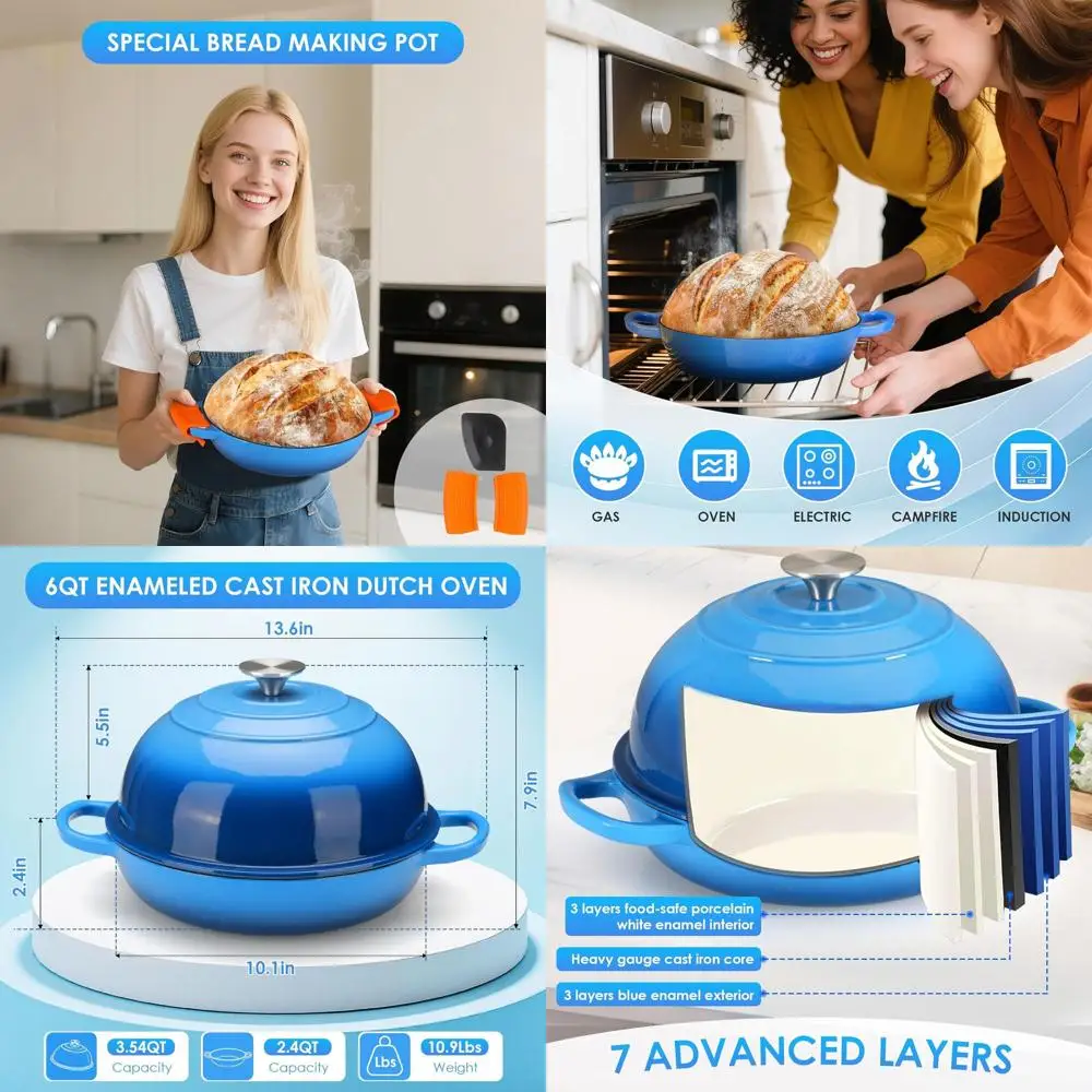 

Эмалированная чугунная голландская духовка, 6 литров, куполообразная для хлеба на закваске, с антипригарным покрытием, с силиконовыми ручками и скребком, синяя