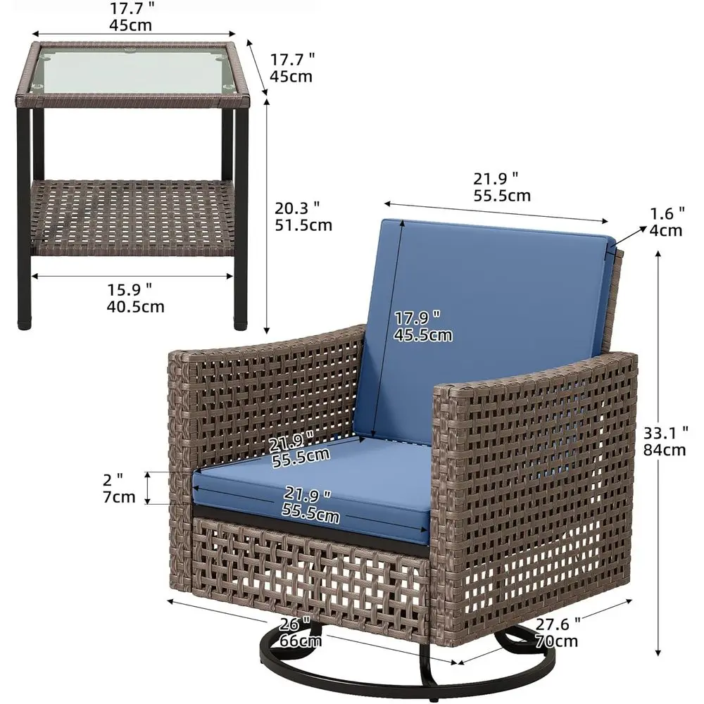 3-Piece Swivel Wicker Patio Set with Rattan Side Table and Cushions, Blue