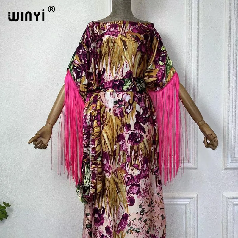 WINYI boho print Africa holiday tassels long dress Dubai Muslim Dashiki Kaftan With belt Middle East party dress فساتين طويلة